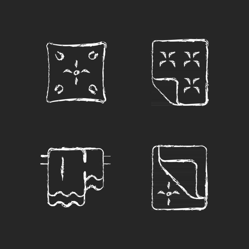 Household cloth chalk white icons set on dark background. Soft cushion. Orthopedic mattress. Hanging bathroom towels. Bed cover. Textile products. Isolated vector chalkboard illustrations on black