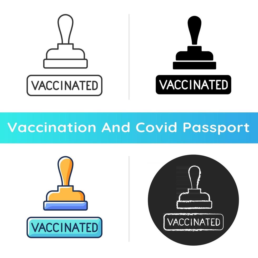 Vaccinated stamp icon. Covid virus protection. Document for treatment. Disease prevention. Health care and medicine. Linear black and RGB color styles. Isolated vector illustrations
