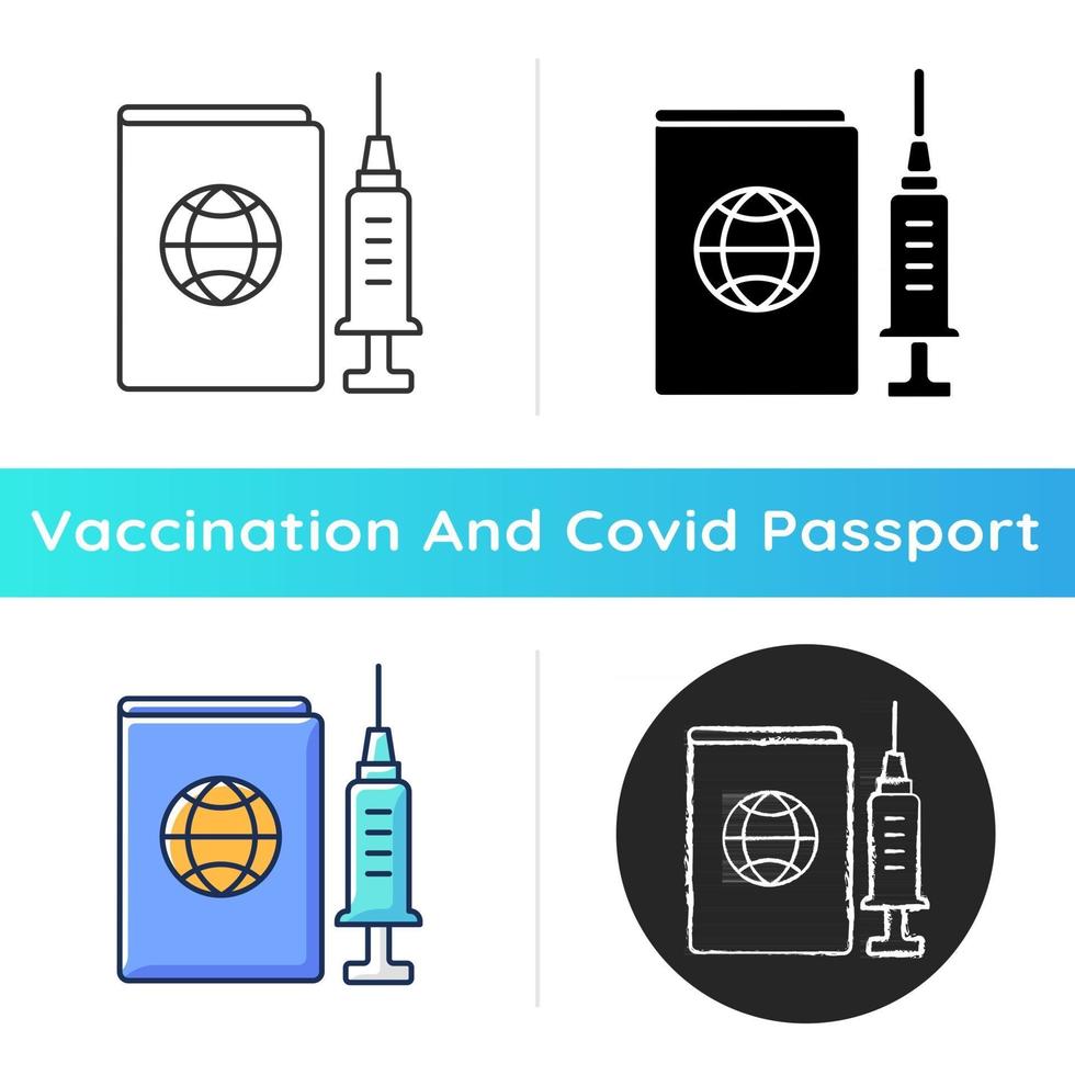 Vaccine passport icon. Traveller ID pass, tourist card. Vaccinated passenger license. Professional treatment. Health care and medicine. Linear black and RGB color styles. Isolated vector illustrations