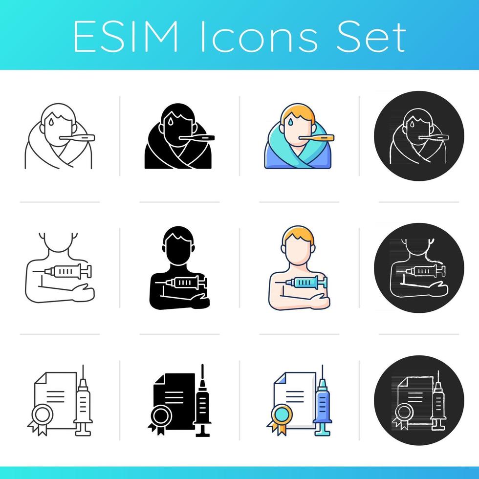 Vaccine shot icons set. Fever, high temperature. Side effect of vaccination. Quality certificate. Patient with disease. Linear, black and RGB color styles. Isolated vector illustrations