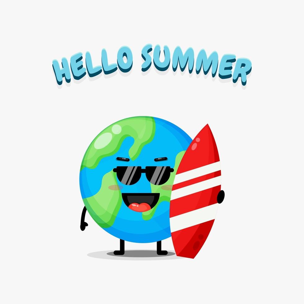 Cute earth mascot carrying a surfboard with summer greetings vector