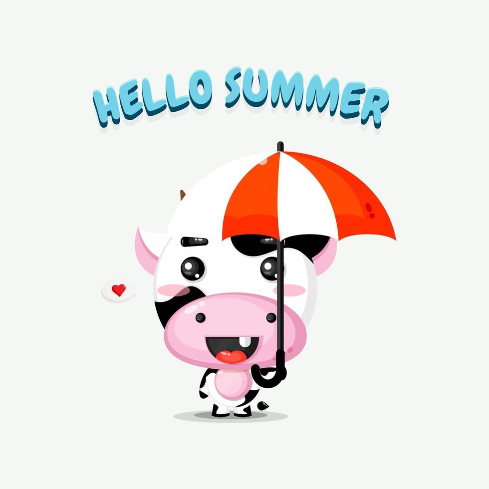 Cute cow mascot carrying umbrella with summer greetings vector