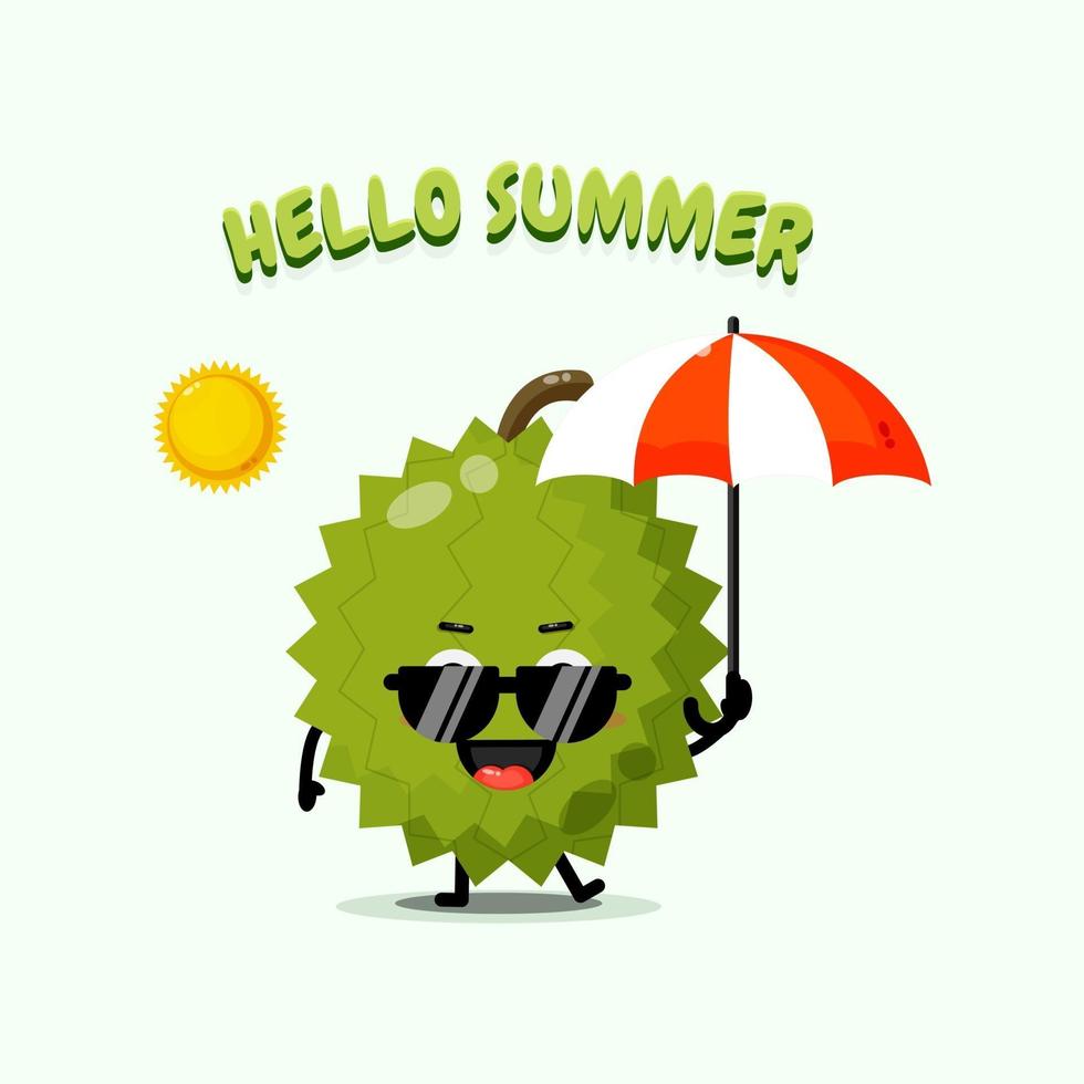 Cute durian mascot carrying umbrella with summer greetings vector