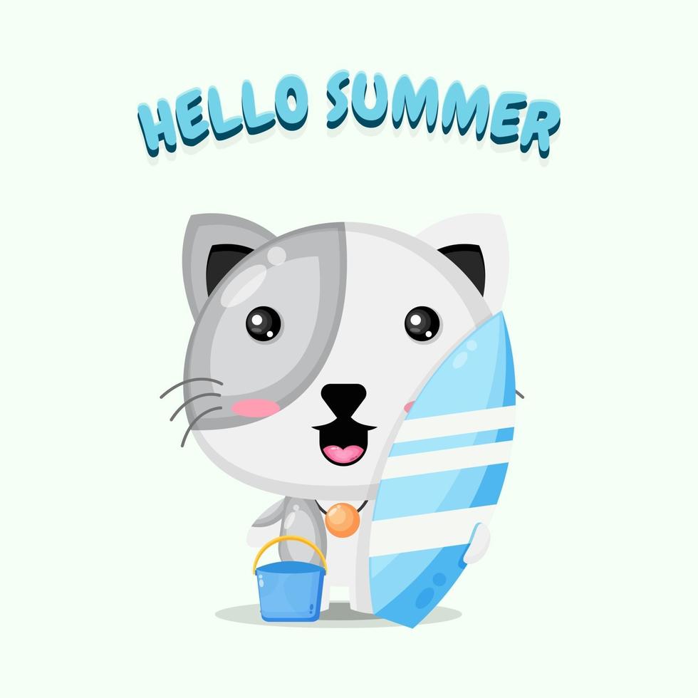 lindo gato mascota con tabla de surf con saludos de verano vector