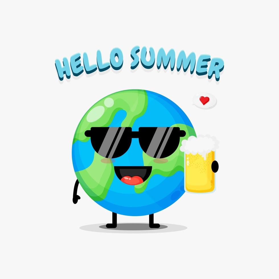 Cute earth mascot brings beer with summer greetings vector