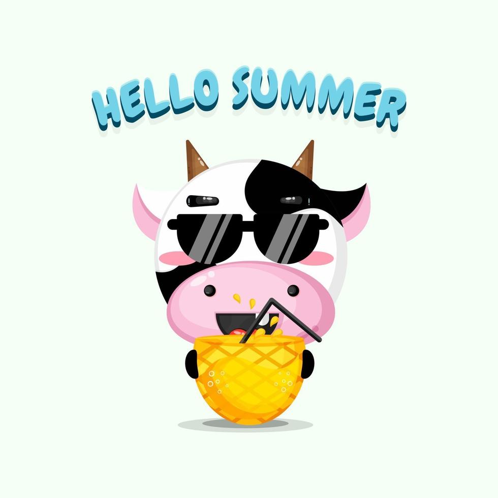 Linda mascota de vaca que lleva jugo de piña con saludos de verano vector