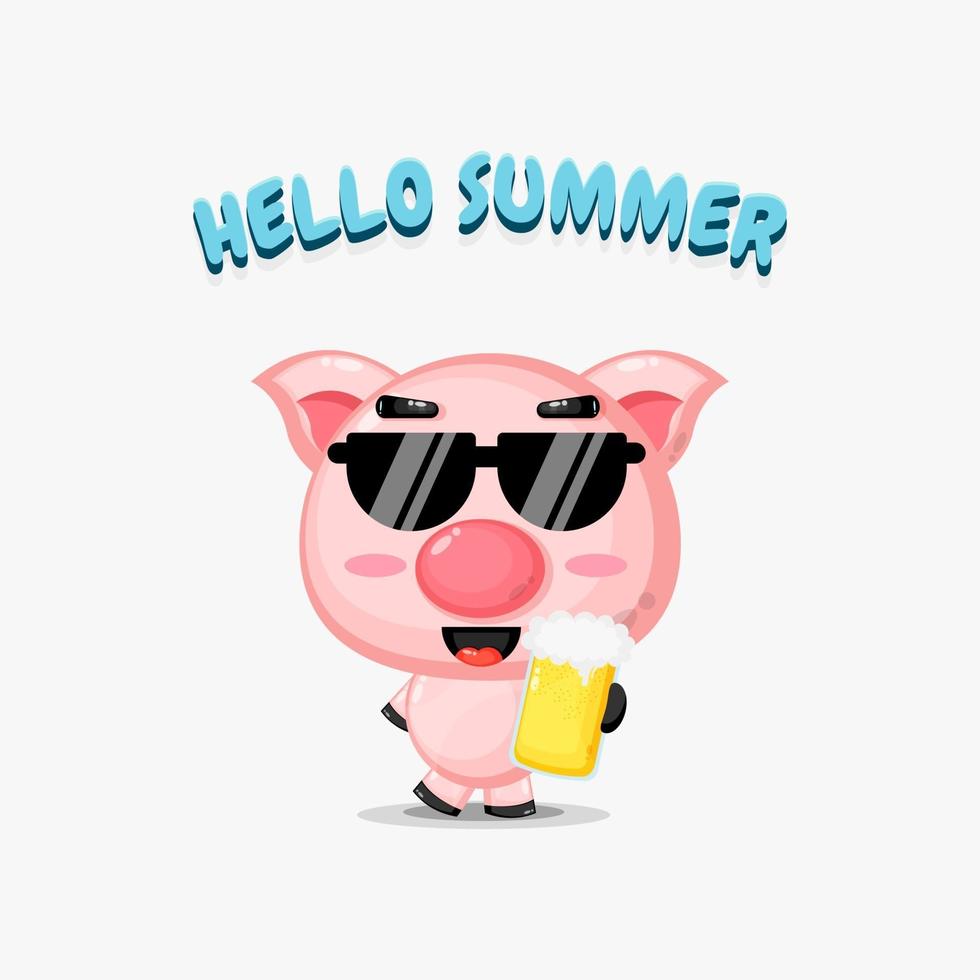 linda mascota de cerdo trae cerveza con saludos de verano vector