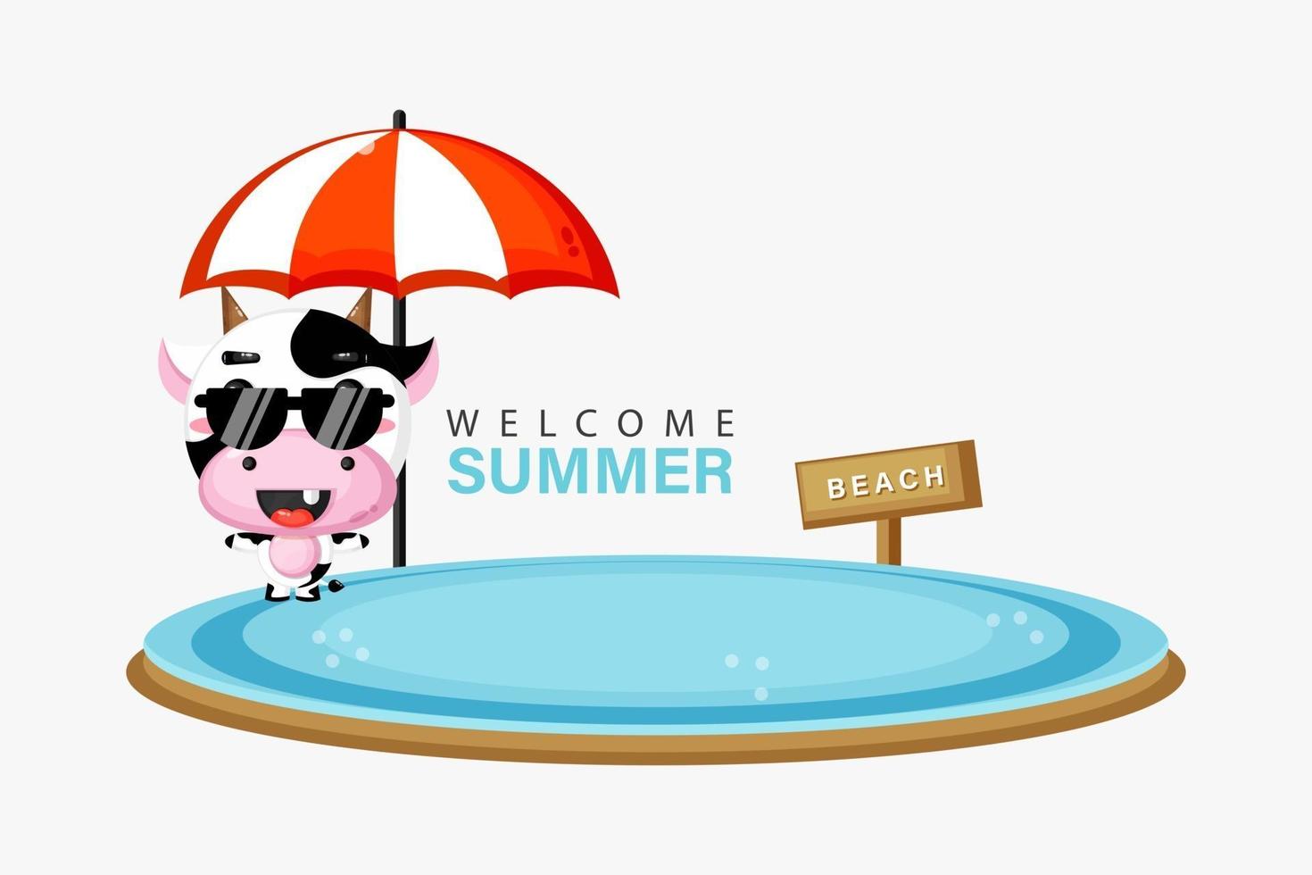 Linda mascota de vaca nadando en la playa con saludos de verano vector