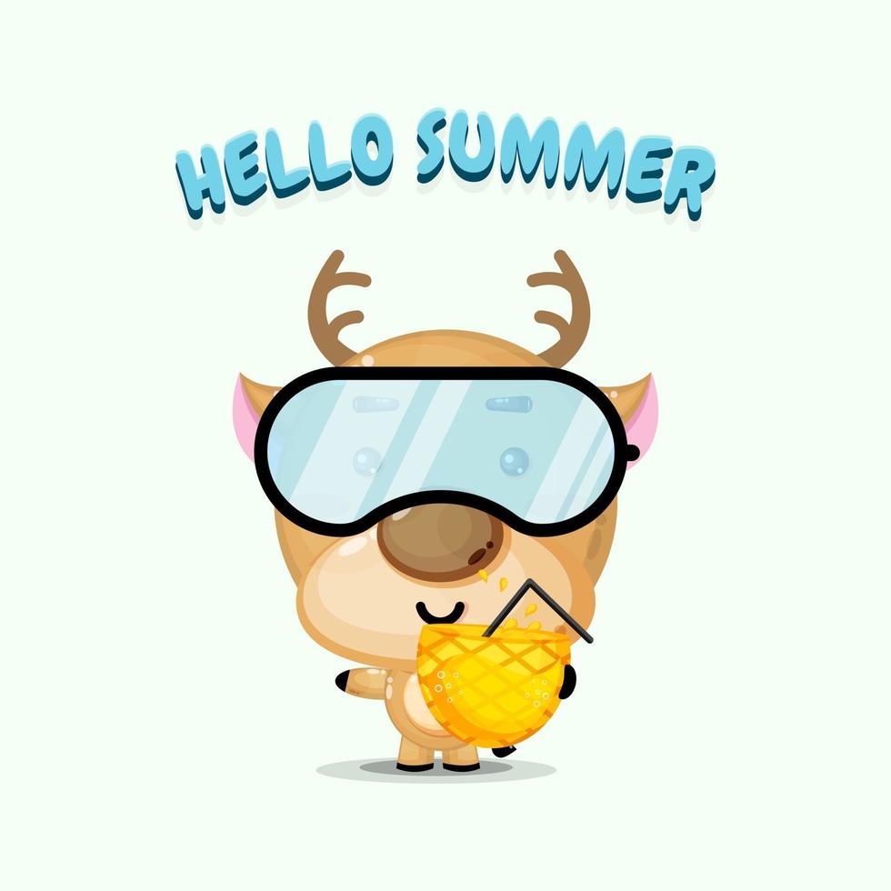 Cute deer mascot carrying pineapple juice with summer greetings vector