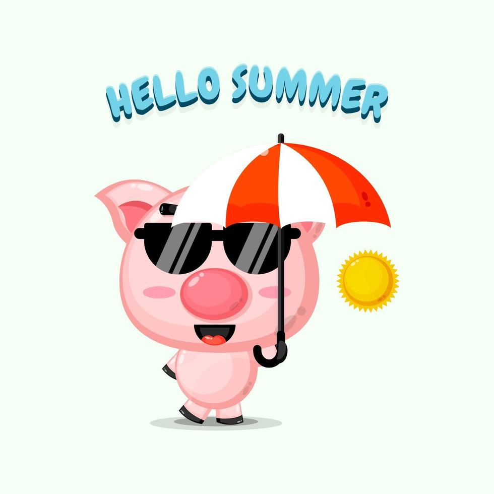 Cute pig mascot carrying umbrella with summer greetings vector