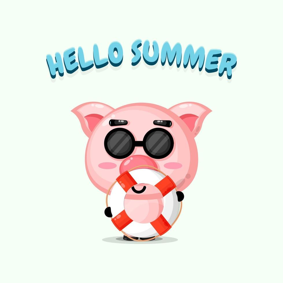 Cute pig carrying a float with summer greetings vector