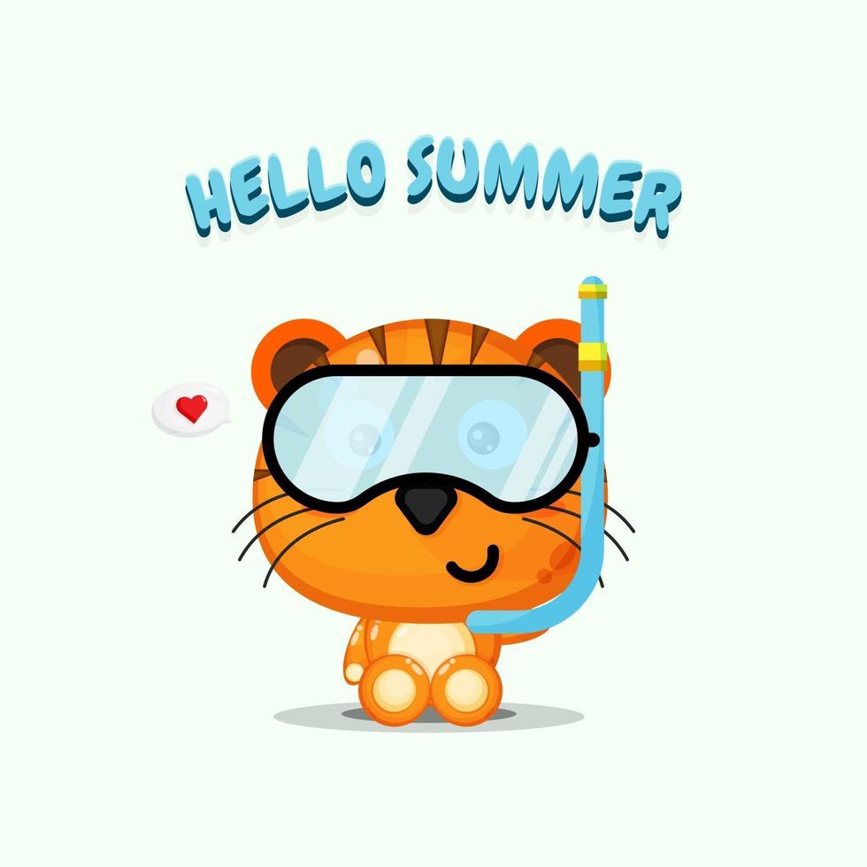 Cute tiger wearing diving gear with summer greetings vector