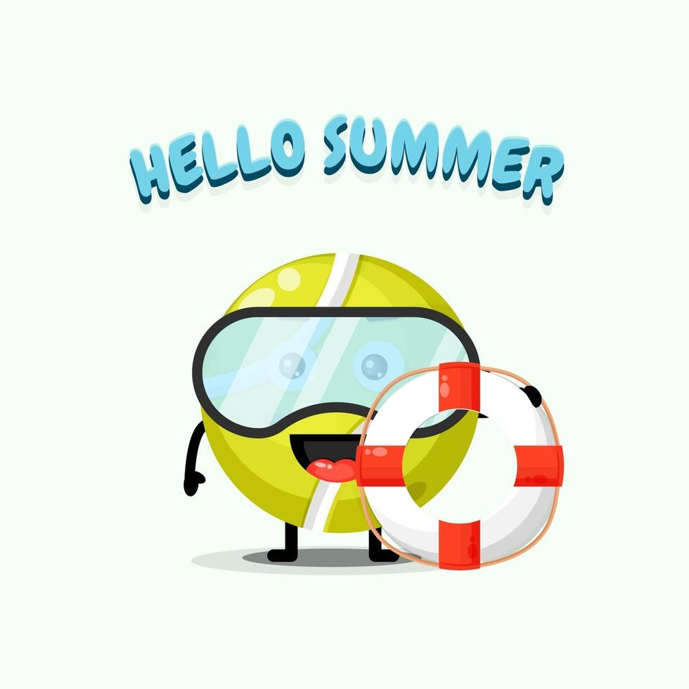 Cute tennis ball mascot carrying a float with summer greetings vector