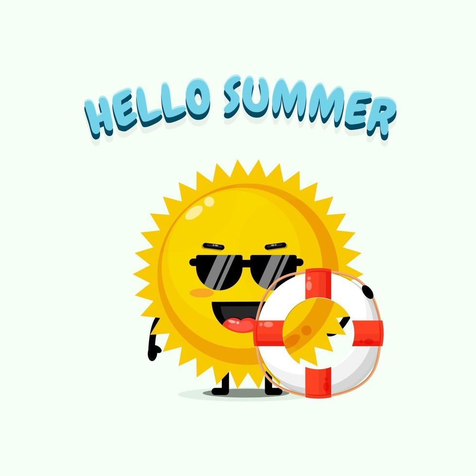 Cute sun mascot carrying a float with summer greetings vector