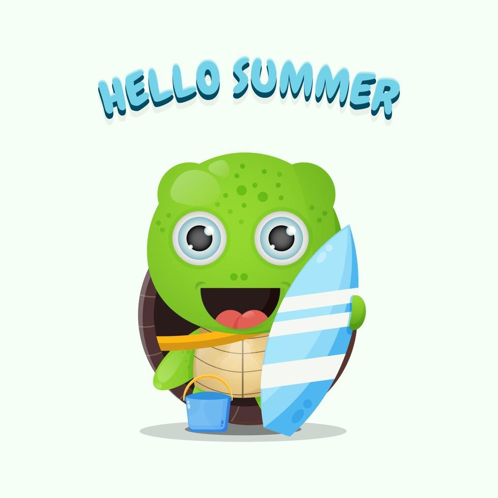 Cute turtle carrying surfboard with summer greetings vector