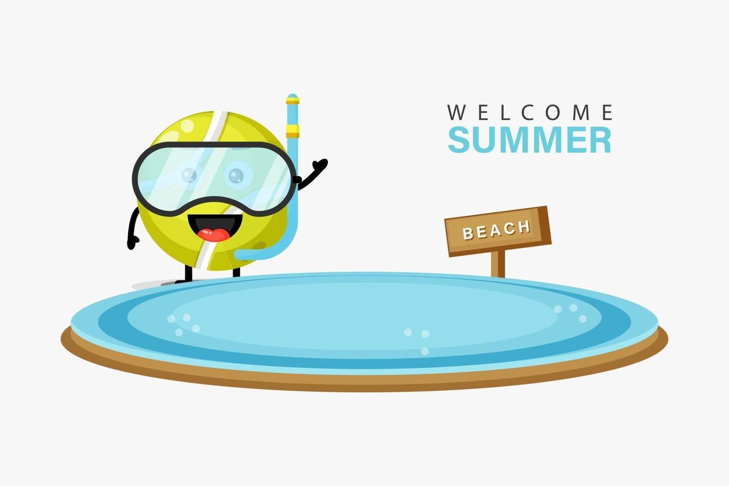 Tennis ball mascot swimming on the beach in summer vector