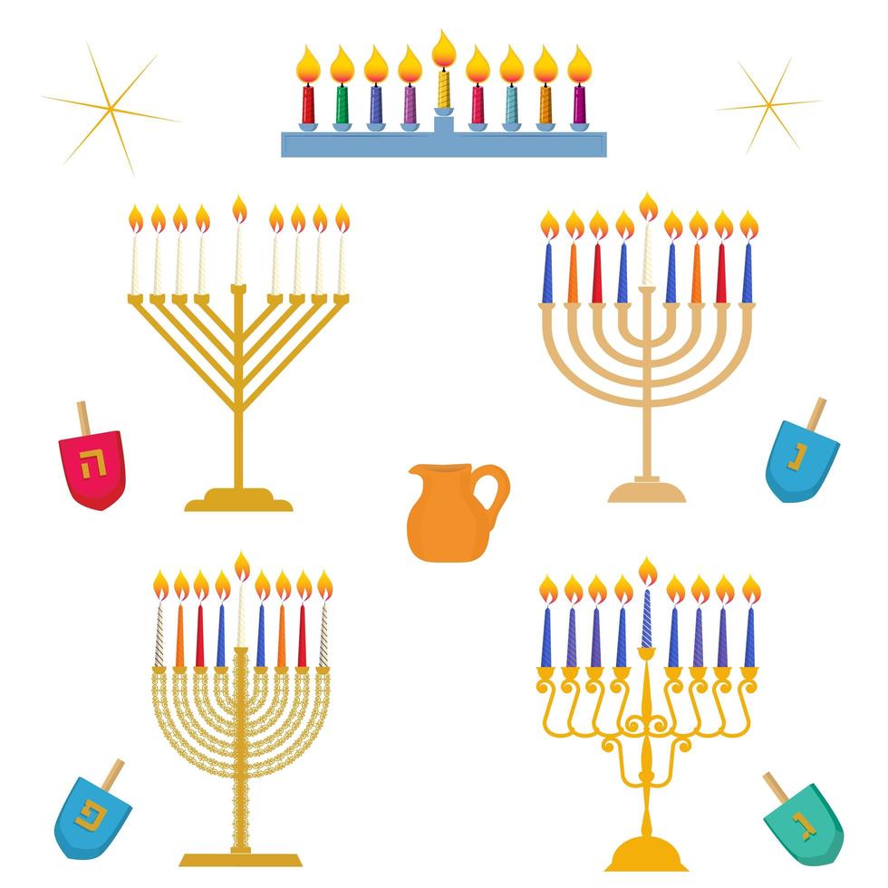 diferentes tipos de festival de hanukkah de luz candelabro menorá dorado tradicional con velas de colores vector set