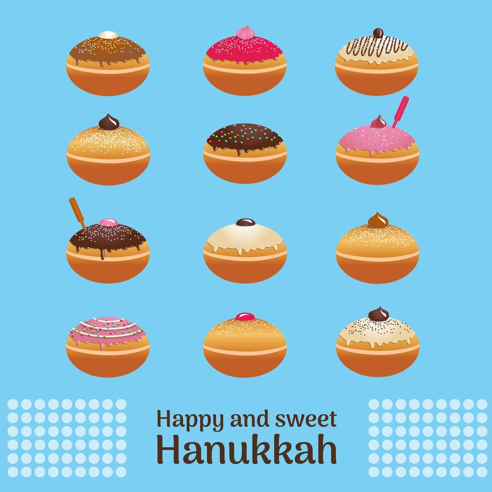 Donut festivo judío tradicional de Hanukkah con diferentes glaseados vector