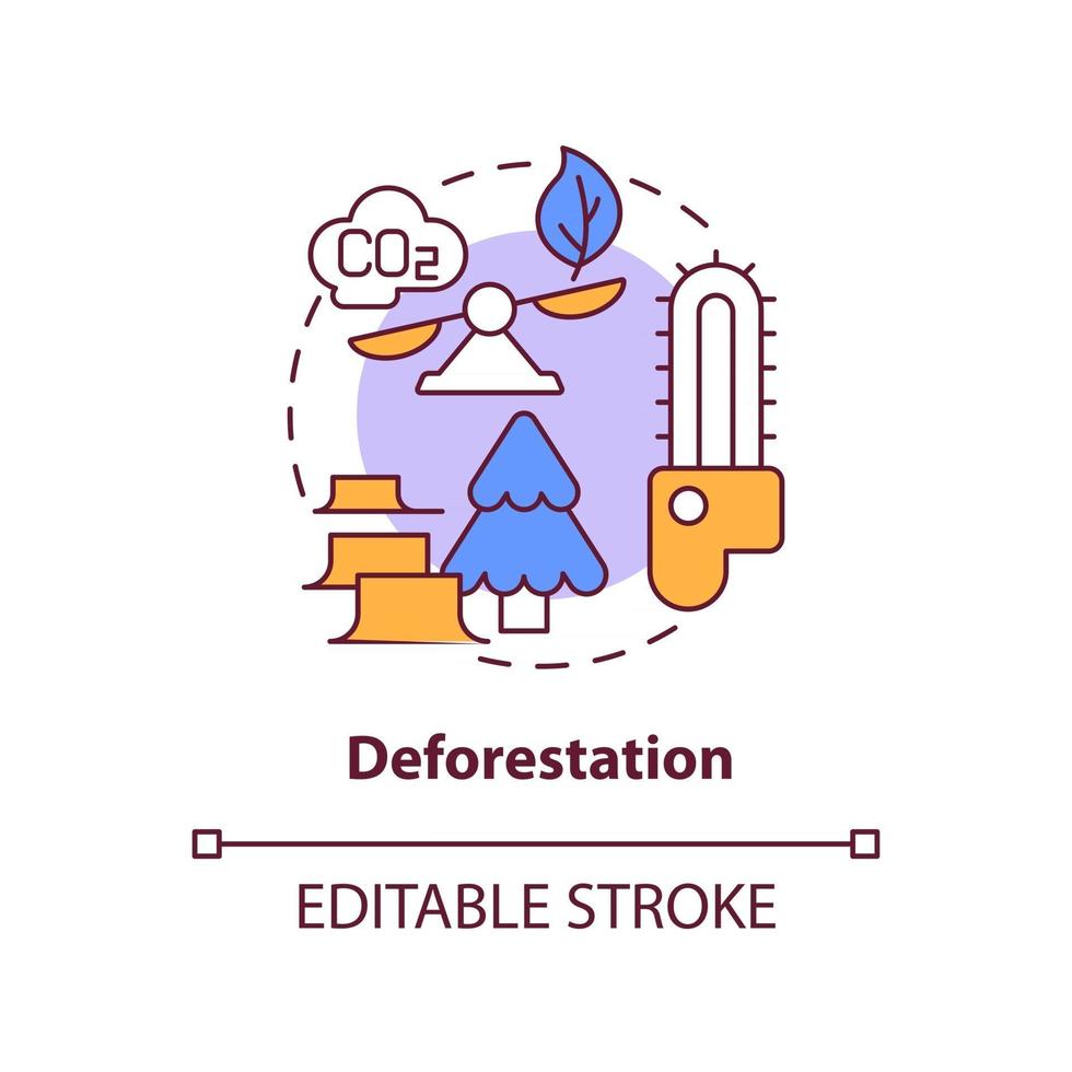 icono del concepto de deforestación. Las emisiones de carbono humano provocan una ilustración de línea fina de idea abstracta. degradación forestal. Remoción permanente de árboles. dibujo de color de contorno aislado vectorial. trazo editable vector