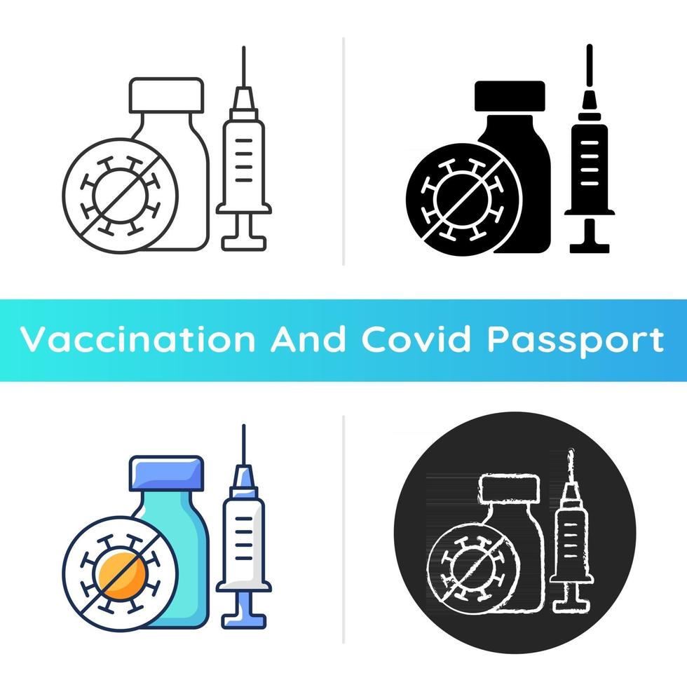 icono de vacunación covid. inmunización contra coronavirus. tratamiento de enfermedades infecciosas. cuidado de la salud y medicina. fármaco de farmacia. Estilos lineales de color negro y rgb. ilustraciones vectoriales aisladas vector