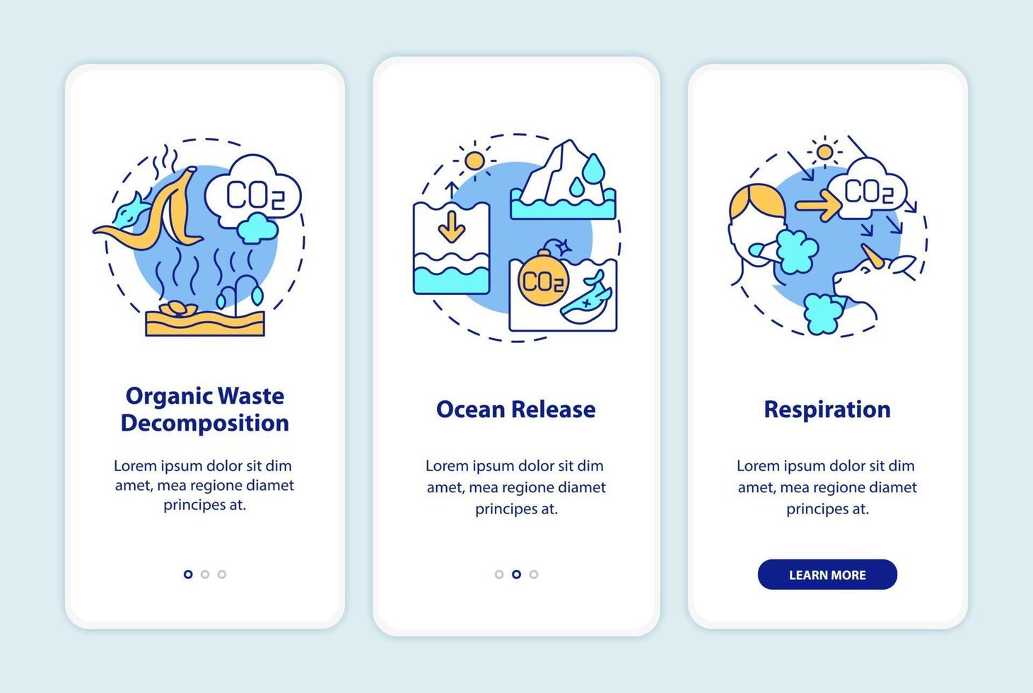 Natural carbon emissions causes onboarding mobile app page screen with concepts. Ocean release walkthrough 3 steps graphic instructions. UI, UX, GUI vector template with linear color illustrations