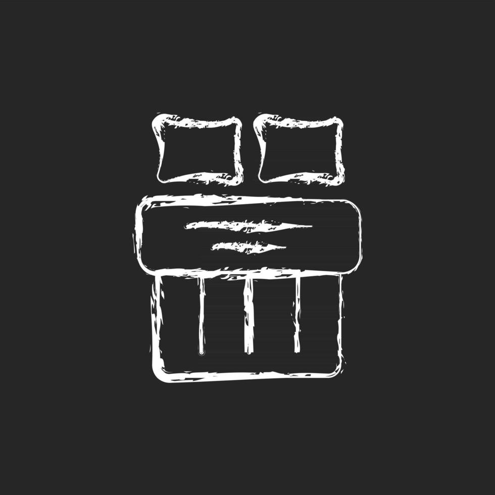 Double bed set chalk white icon on dark background. Hotel room for night rest. King size linen bedding. Textile products, house cloths. Sleep hygiene. Isolated vector chalkboard illustration on black