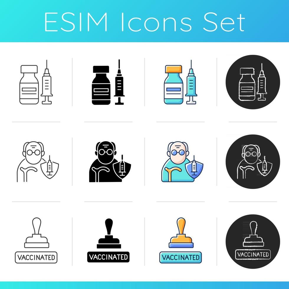 Covid vaccine icons set. Vial and syringe. Senior patient. Elderly age group. Approved pass. Patient immunization. Linear, black and RGB color styles. Isolated vector illustrations