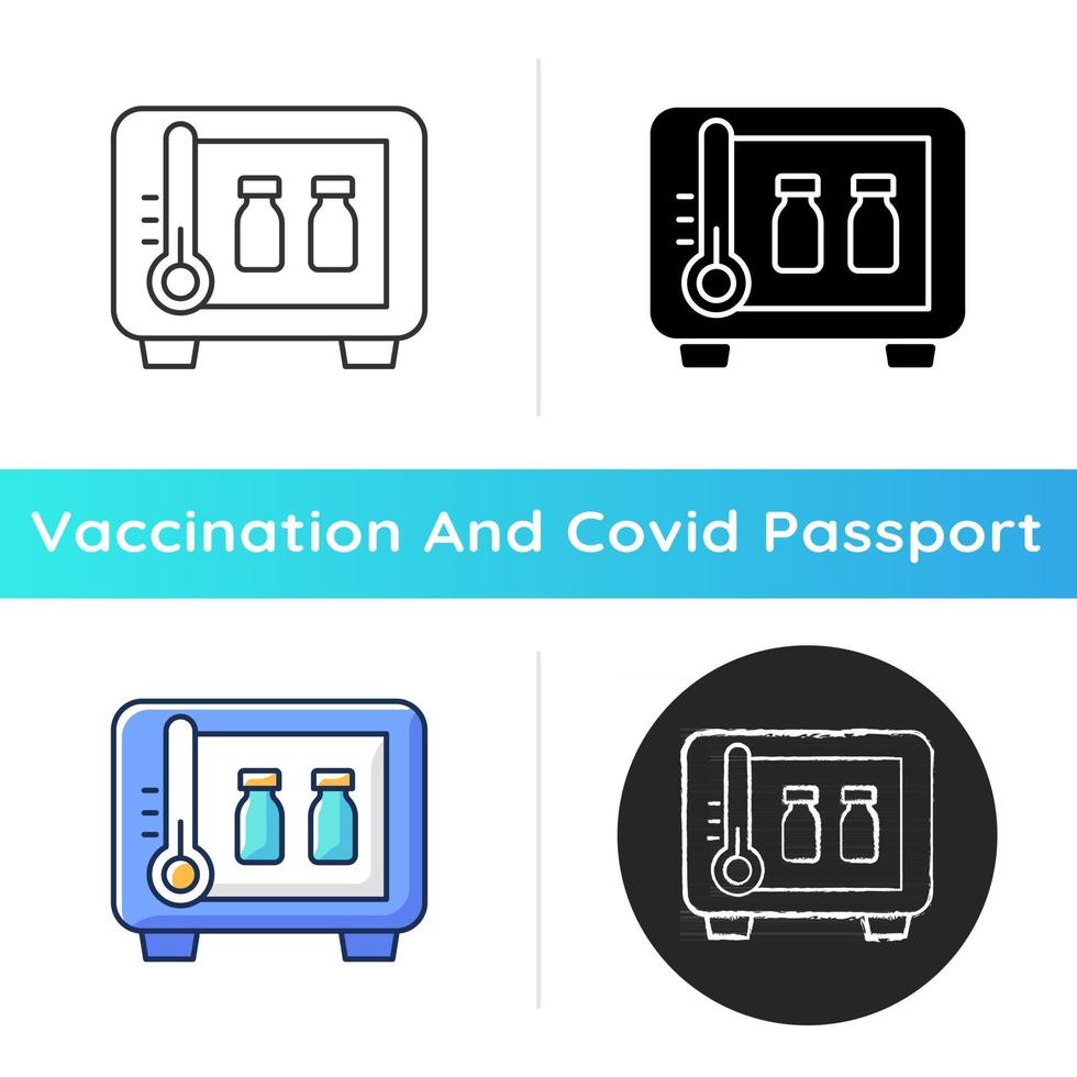 Vaccine storage icon. Refrigerator with drug vials. Storing pharmaceutical supplies. Cooler with medical bottles. Health care. Linear black and RGB color styles. Isolated vector illustrations