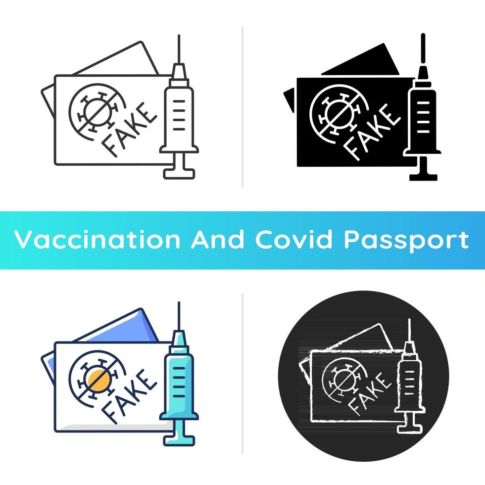 Fake vaccination card icon. False coronavirus certificate. Fabricated passport for covid vaccine. Health care and medicine. Linear black and RGB color styles. Isolated vector illustrations