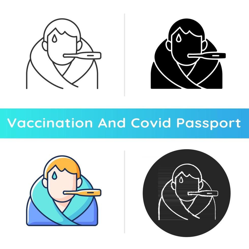 Fever icon. Disease symptom. Allergic reaction. Patient with temperature. Vaccination side effect. Health care and medicine. Linear black and RGB color styles. Isolated vector illustrations