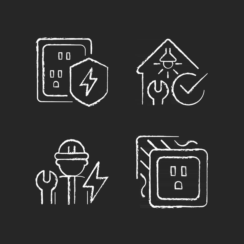 Electrician service chalk white icons set on dark background. Surge protection. Electrical safety inspection. Operating with electric devices. Isolated vector chalkboard illustrations on black