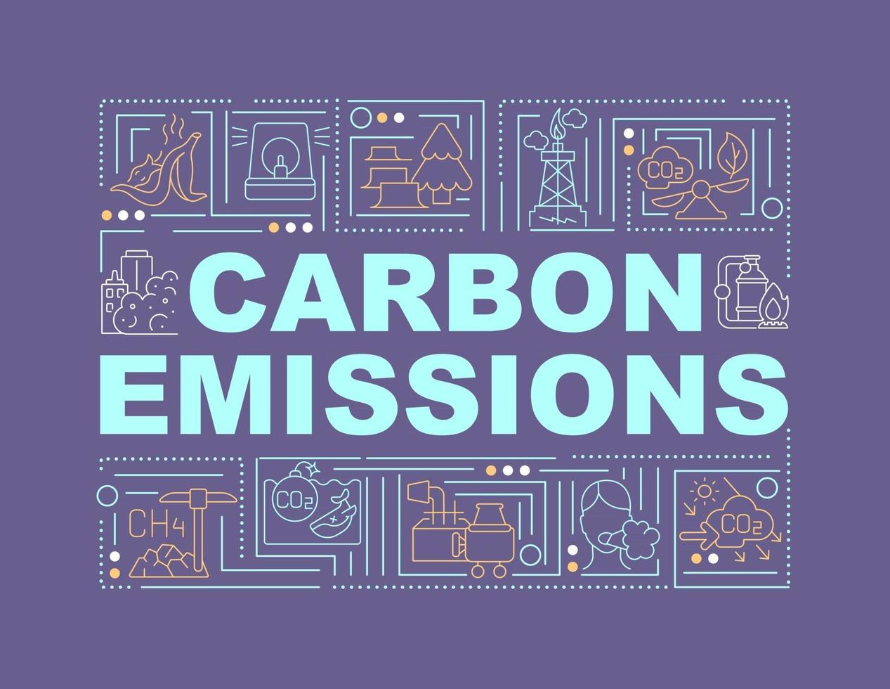 Carbon emissions word concepts banner. CO2 release. Negative side effect. Infographics with linear icons on purple background. Isolated creative typography. Vector outline color illustration with text