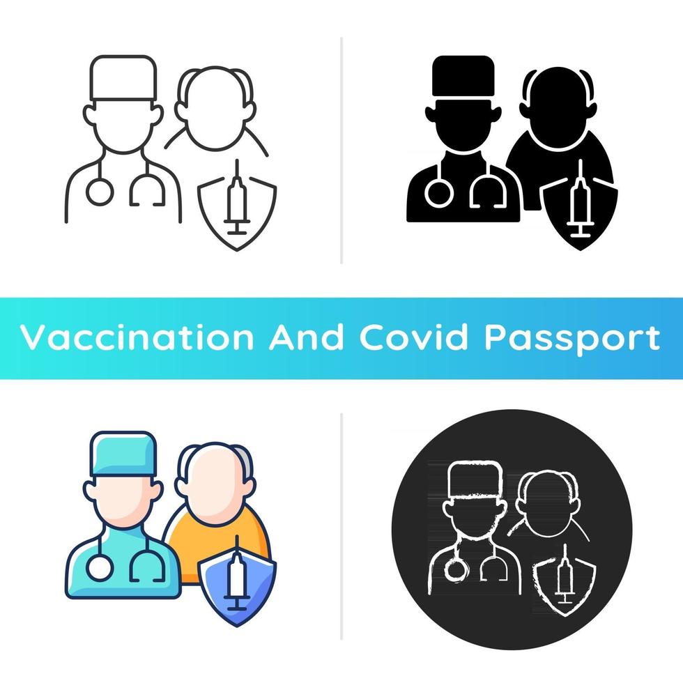 Vaccination priority list icon. Senior patient with doctor. Age group for vaccine injection. Health care and medicine. Linear black and RGB color styles. Isolated vector illustrations