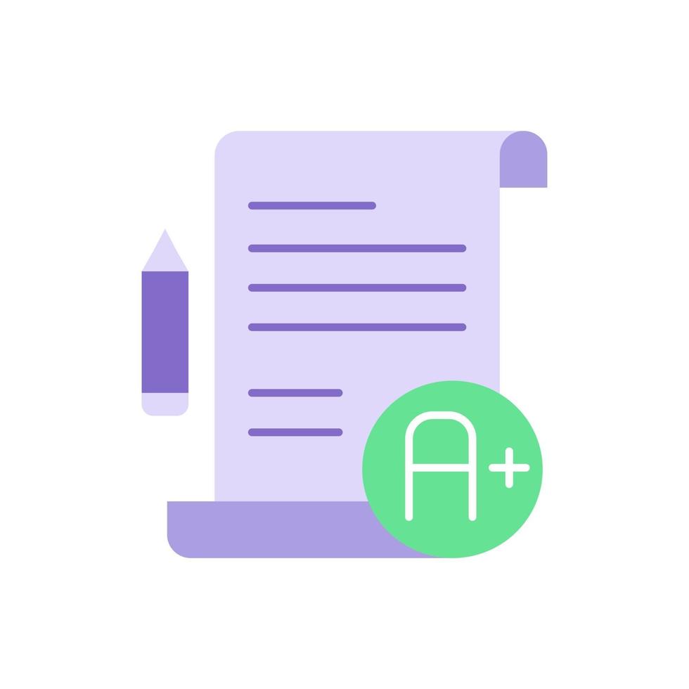 Good results on test paper vector flat color icon. Education achievement and studying. Skill development, learning course success. Cartoon style clip art for mobile app. Isolated RGB illustration