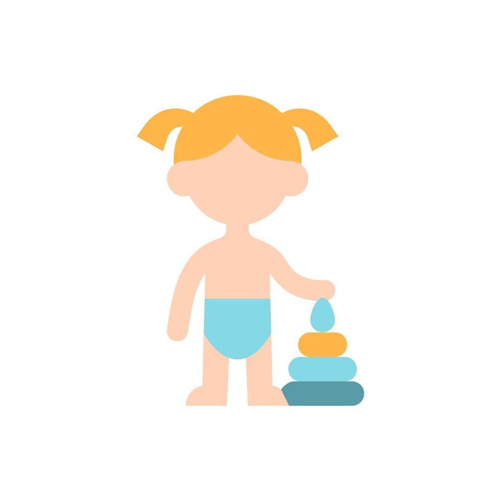 Female toddler vector flat color icon. Little kid, child playing with toy. Preschool years. Cognitive development. Person avatar. Cartoon style clip art for mobile app. Isolated RGB illustration