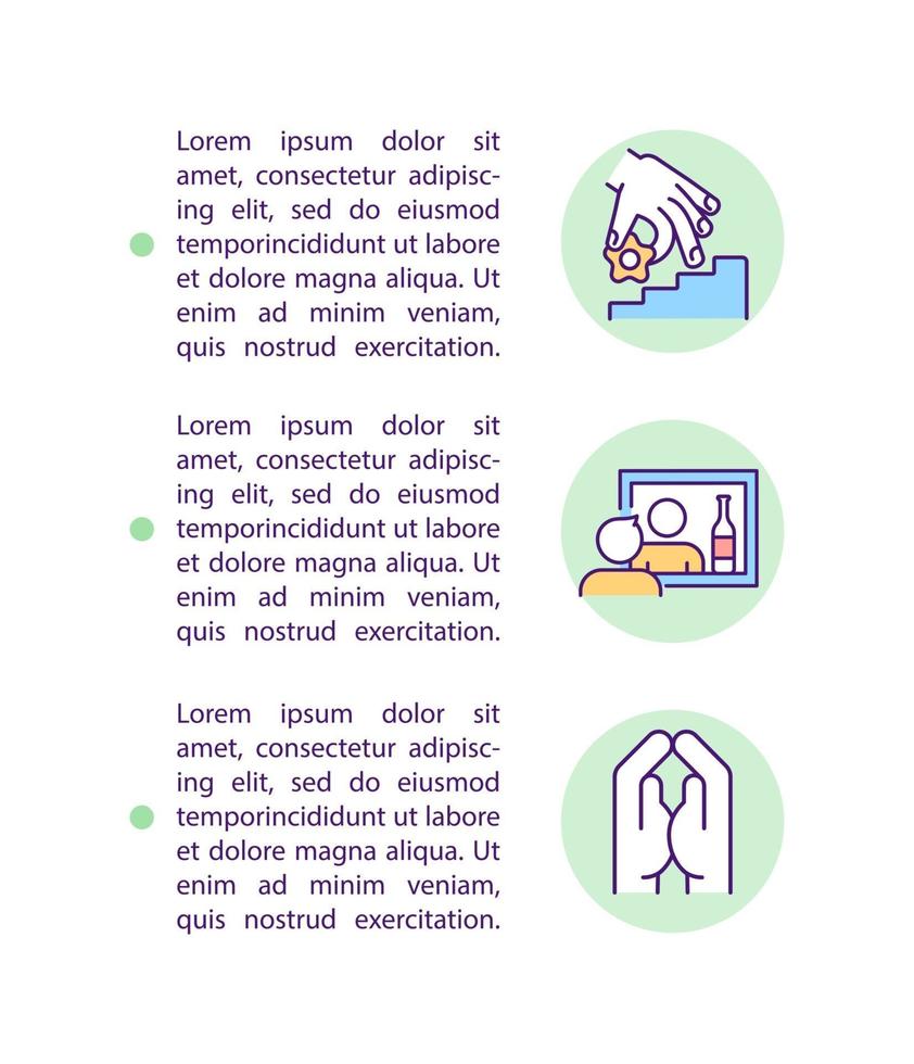 Iconos de línea de concepto de programa de 12 pasos con texto. plantilla de vector de página ppt con espacio de copia. folleto, revista, elemento de diseño de boletín. centro de recuperación de adicciones ilustraciones lineales en blanco