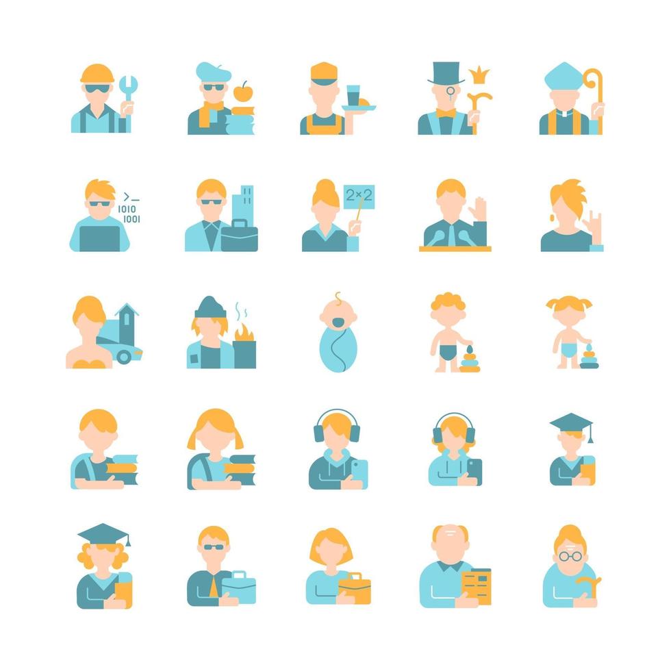 Different people avatars vector flat color icon set. Age and gender groups. Social status, work and labor. Person avatar. Cartoon style clip art for mobile app pack. Isolated RGB illustration bundle