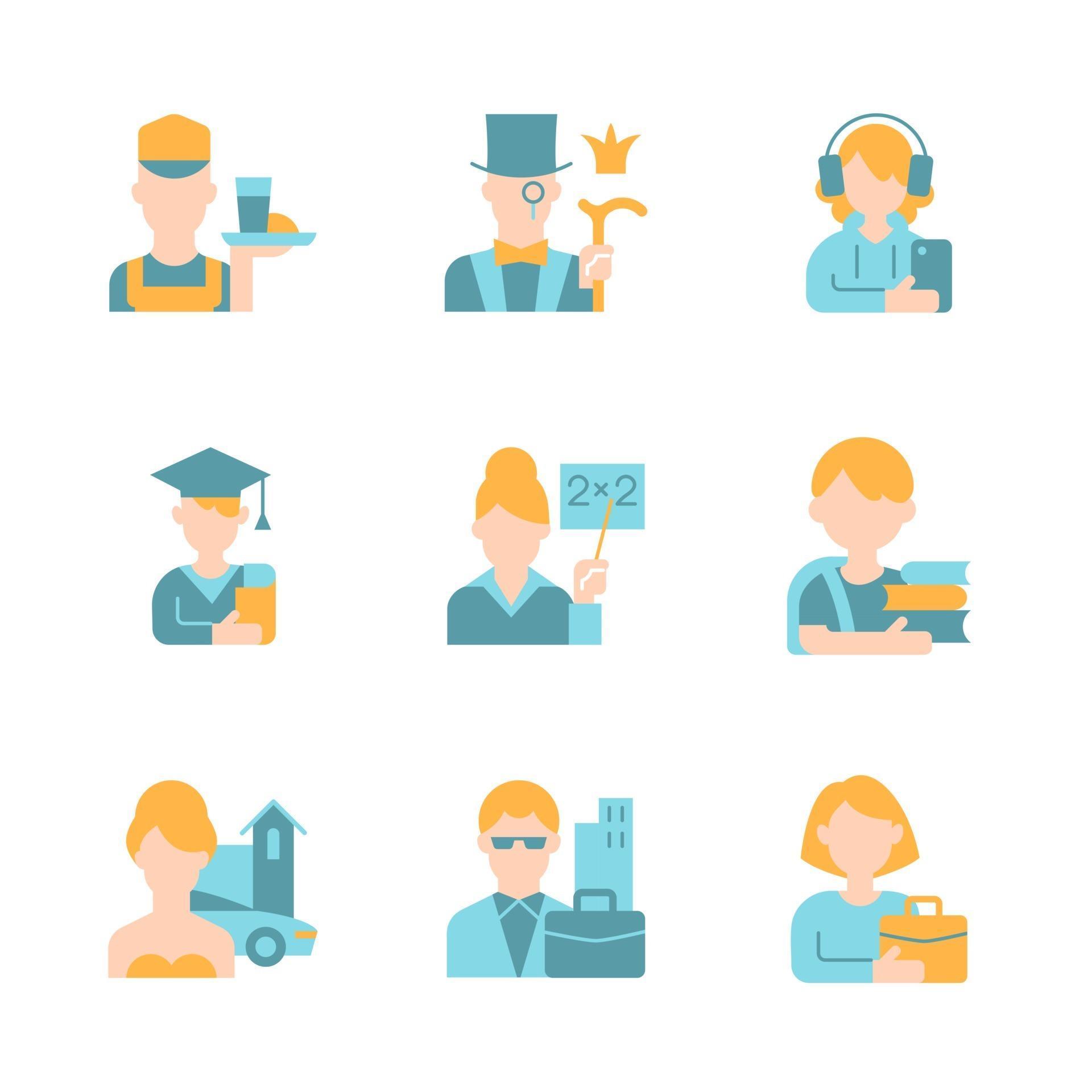 Social status vector flat color icon set. Different age and genders