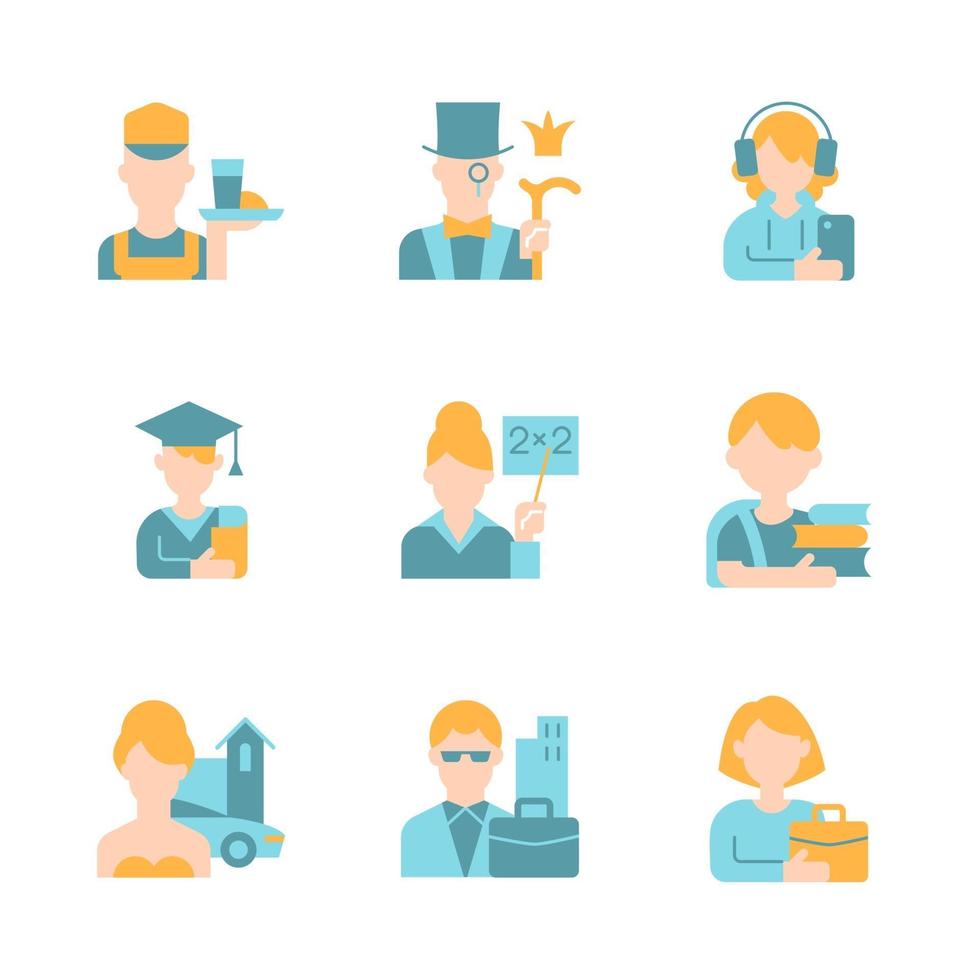 conjunto de iconos de color plano de vector de estado social. diferentes edades y géneros. avatar de persona. hombres y mujeres, personas en la sociedad. imágenes prediseñadas de estilo de dibujos animados para el paquete de aplicaciones móviles. paquete de ilustración rgb aislado