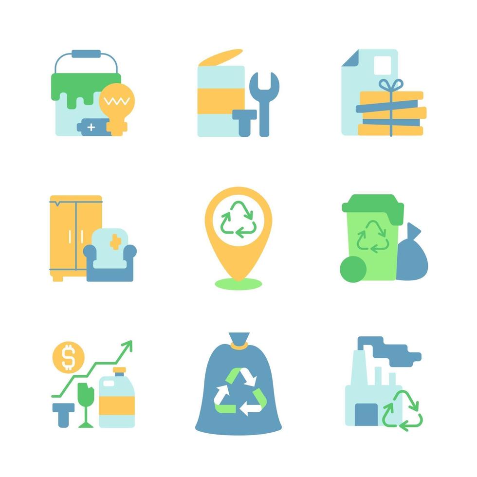 Recycling service vector flat color icon set. Trash and waste management. Garbage disposal. Environmental protection. Cartoon style clip art for mobile app pack. Isolated RGB illustration bundle