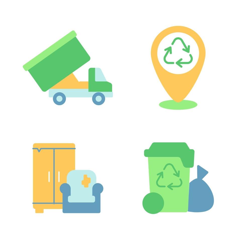 Reducir la contaminación vector conjunto de iconos de color plano. gestión  de residuos. basurero. protección del