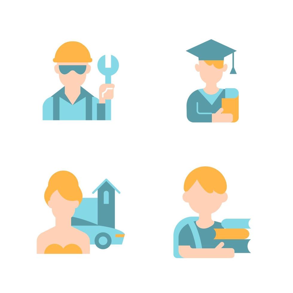 People avatars vector flat color icon set. Blue collar worker. Male student. Upper class woman. School boy. Person avatar. Cartoon style clip art for mobile app pack. Isolated RGB illustration bundle