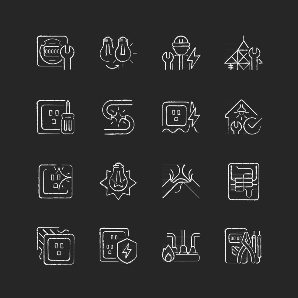 Electrician service chalk white icons set on dark background. Changing lightbulb. Operating with electric devices, equipment. Appliance damage. Isolated vector chalkboard illustrations on black