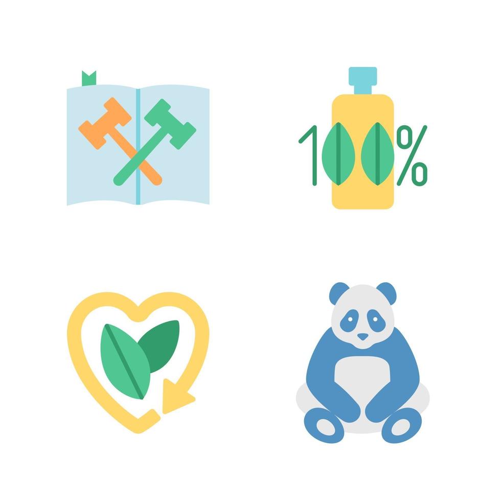 Nature and ecology preservation vector flat color icon set. Environmental law and legislation. Bio product, panda bear. Cartoon style clip art for mobile app pack. Isolated RGB illustration bundle