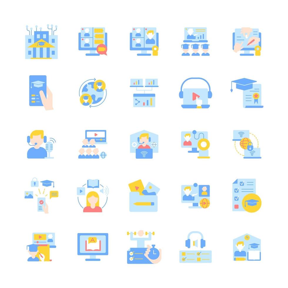 Online tutoring vector flat color icon set. Skill development with elearning course. Education and tutorial on internet. Cartoon style clip art for mobile app pack. Isolated RGB illustration bundle