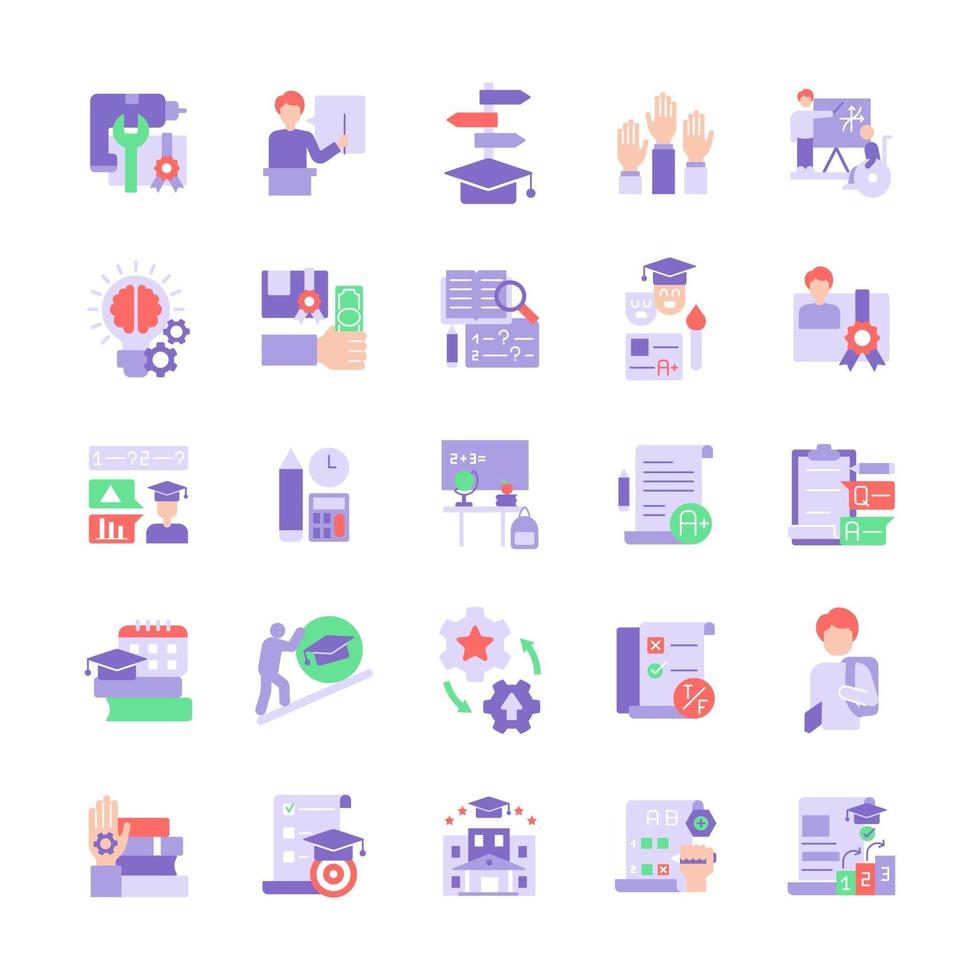 Higher academic education vector flat color icon set. Education and studying. Skill development, learning course. Cartoon style clip art for mobile app pack. Isolated RGB illustration bundle
