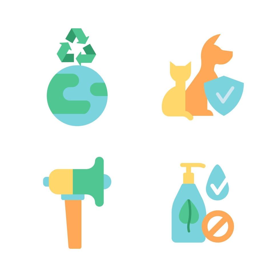 Green activism vector flat color icon set. Ecology and environmental protection. Bio product, natural and organic. Cartoon style clip art for mobile app pack. Isolated RGB illustration bundle