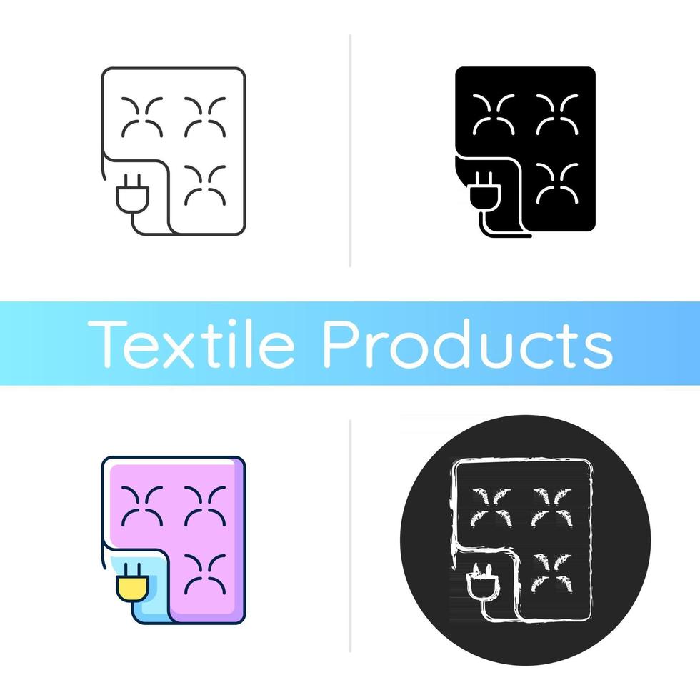 Electric blanket icon. Comfortable bedding. Warm sheets with control. Textile products, household cloths. Domestic item. Linear black and RGB color styles. Isolated vector illustrations