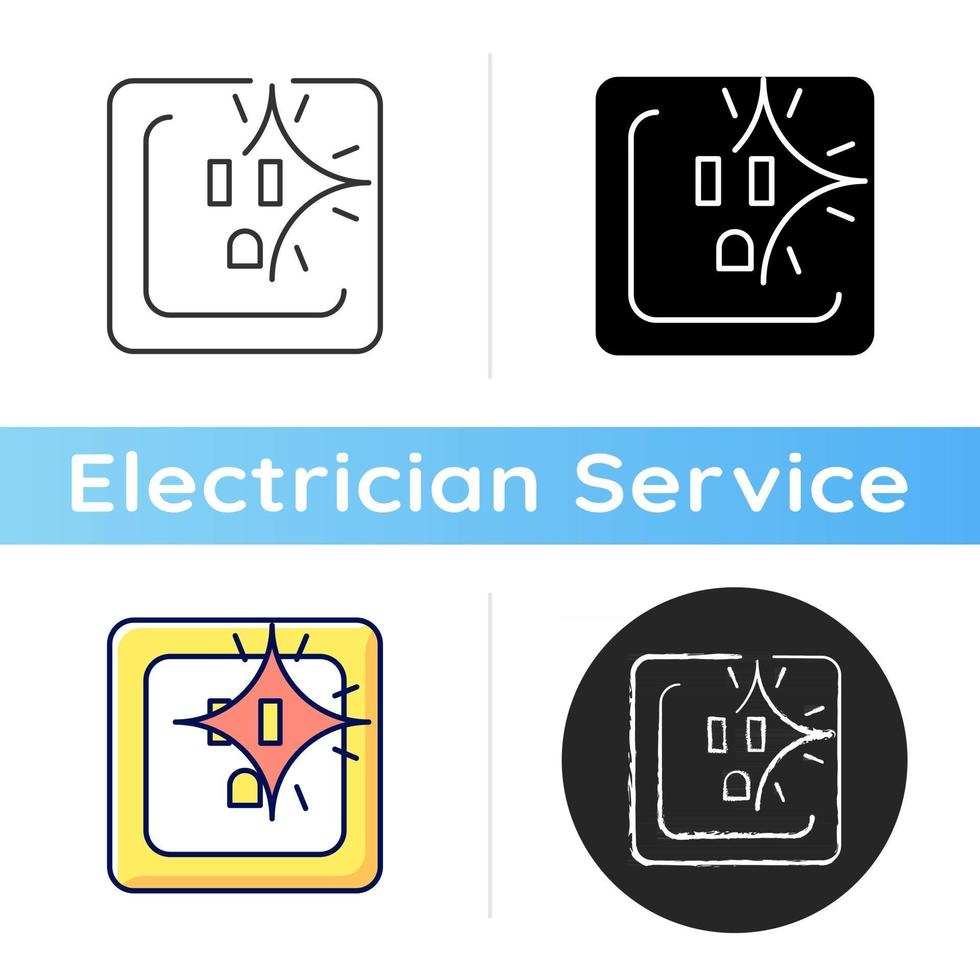 Sparking outlet icon. Short circuit. Crackling sounds. Faulty wiring. Water exposure. Damaged electrical wires. Potential danger. Linear black and RGB color styles. Isolated vector illustrations