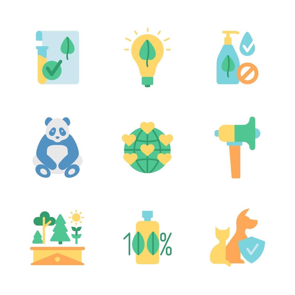 Global environment protection vector flat color icon set. Reduce waste and pollution prevention. Organic products. Cartoon style clip art for mobile app pack. Isolated RGB illustration bundle